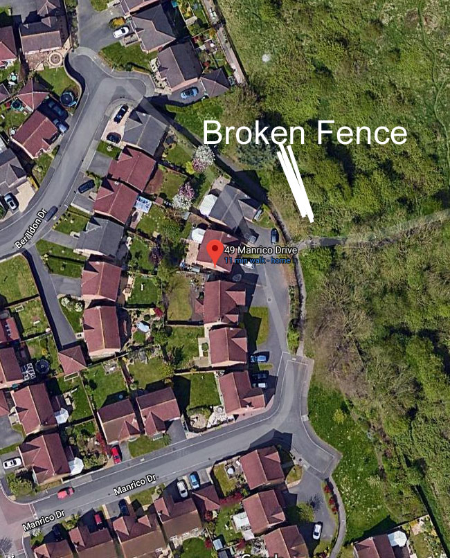 Map showing area of broken fence