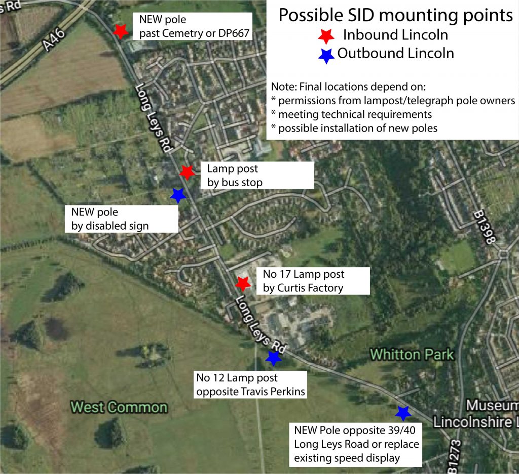 Potential locations for Speed Indicator Device for Long Leys Road