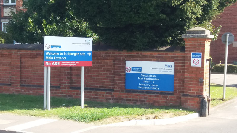 Main entrance signage for St Georges hospital long leys road