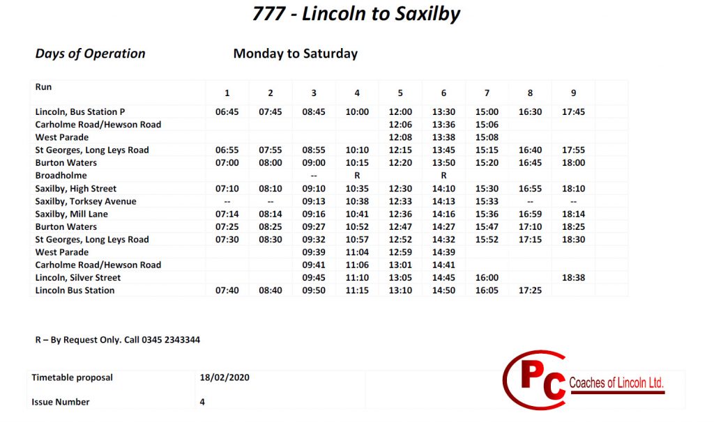 777 Lincoln to Saxilby Bus Service Timetable 
